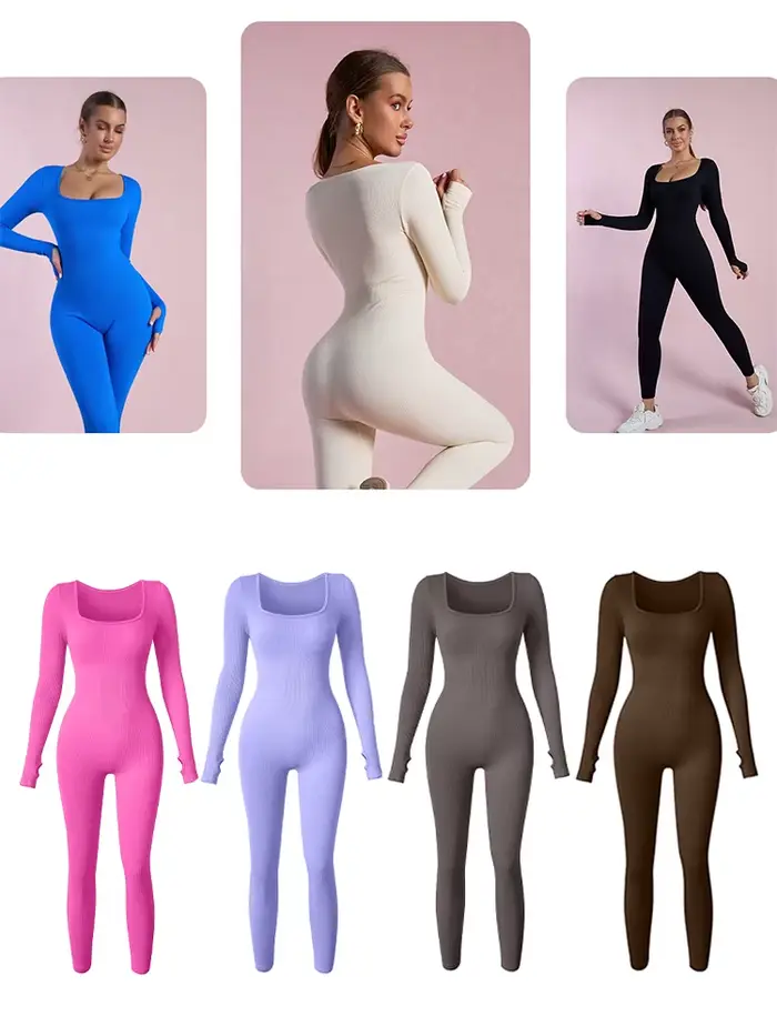Dámske kombinézu s dlhým rukávom, štvorcový golier, vysoký pás, bodycon, jeden kus, legíny, bezšvíkové, príležitostné šport, body