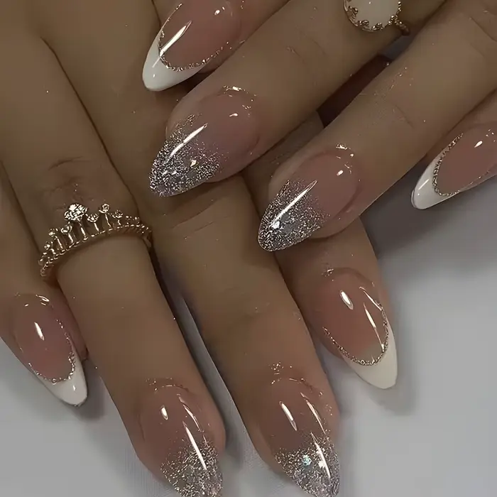 Faux ongles en forme d'amande à paillettes simples, avec colle, Design d'ongles ballerine, doux et f