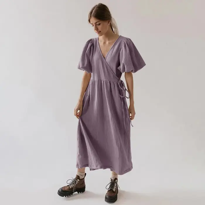 Robe longue vintage à manches bouffantes pour femme, mousseline, pansement, gaze, col en V, bandage,