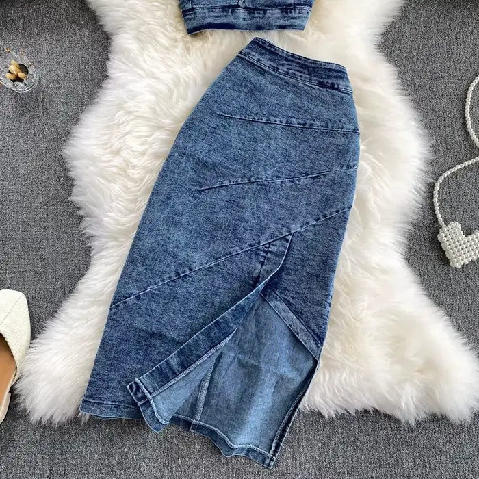 Amolapha-Ensembles de jupes en jean émaillé pour femmes, hauts à bretelles en fibre, jupe en jean, t