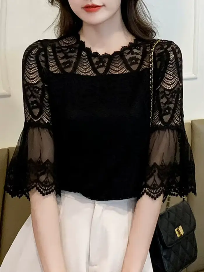 Chemisier en dentelle à fleurs avec doublure pour femme, chemise évidée, manches évasées, col rond,