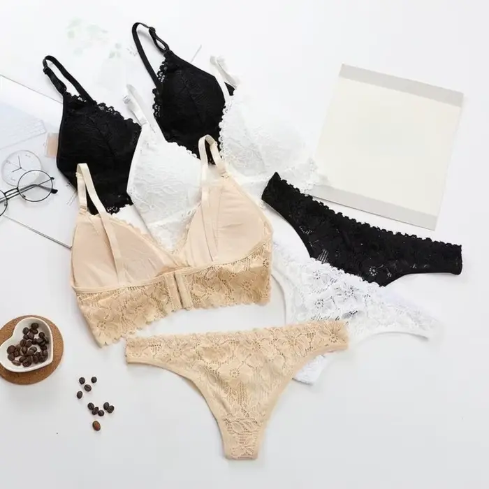 Ensemble de lingerie en dentelle à col en V avec soutien-gorge à fleurs, culotte string de couleur unie, kit de lingerie transparente en dentelle pour filles