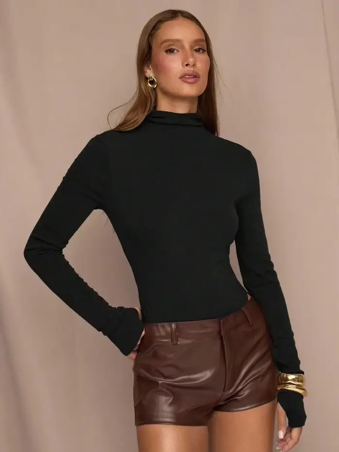 Dámske Kim K štýl sculpting body, vysoký golier, dlhý rukáv, tangá fit, pružný, tesný, základný, čierny, na prekrytie