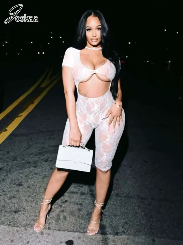 Sexy kombinácia v čipka priehľadný s výrezmi Joskaa pre ženy, V-neck, krátke rukávy, bez chrbta, jeden kus, pre sviatky a nočné kluby 2026