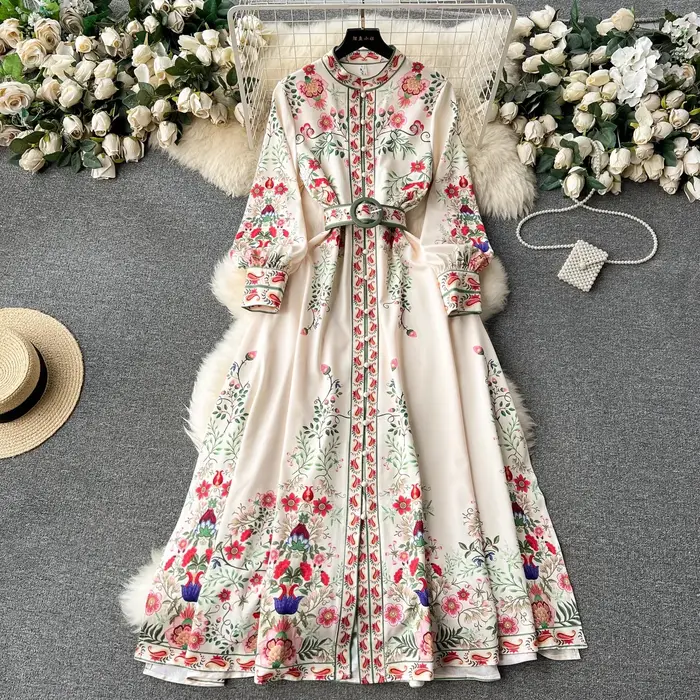 Robe Longue à Col Montant pour Femme, Manches Lanternes, Imprimé Floral, Simple Boutonnage, Ceinture