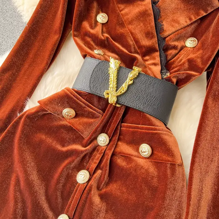 Robe damas velours et dentelle pour femme élégante, silhouette une ligne, boutonnage simple, polyester, automne hiver, bureau et occasions spéciales