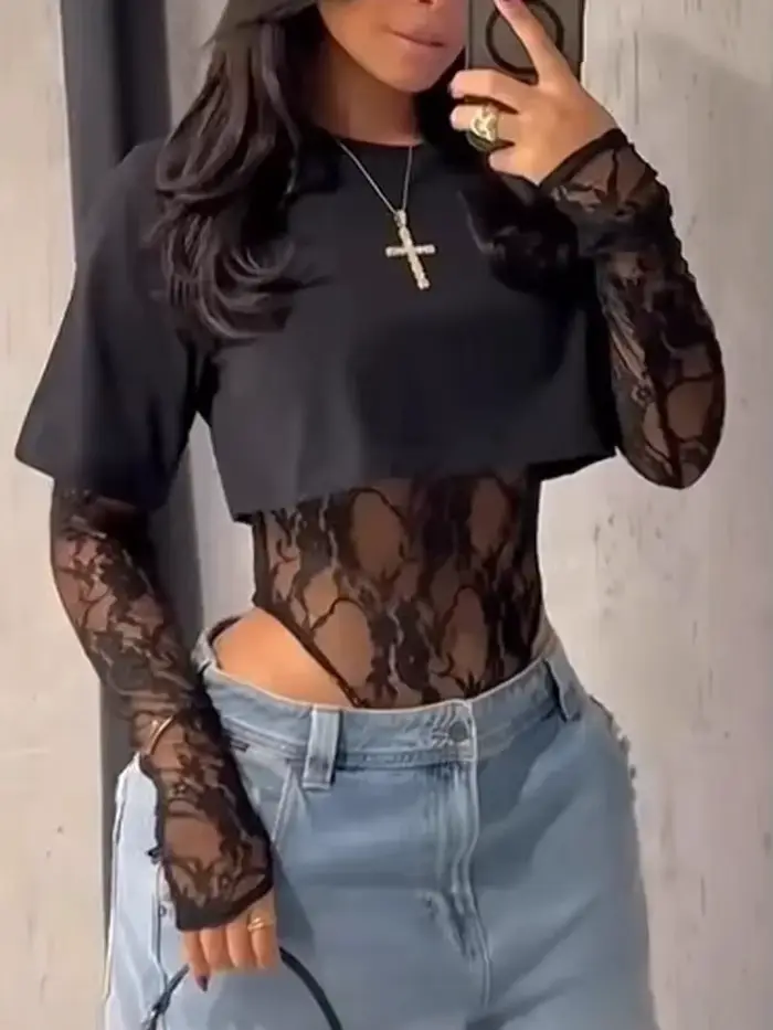 Body Coquette en Polyester avec Dentelle Pour Femmes, Style Sexy Y2K, Polyvalent Pour Toutes Les Occasions