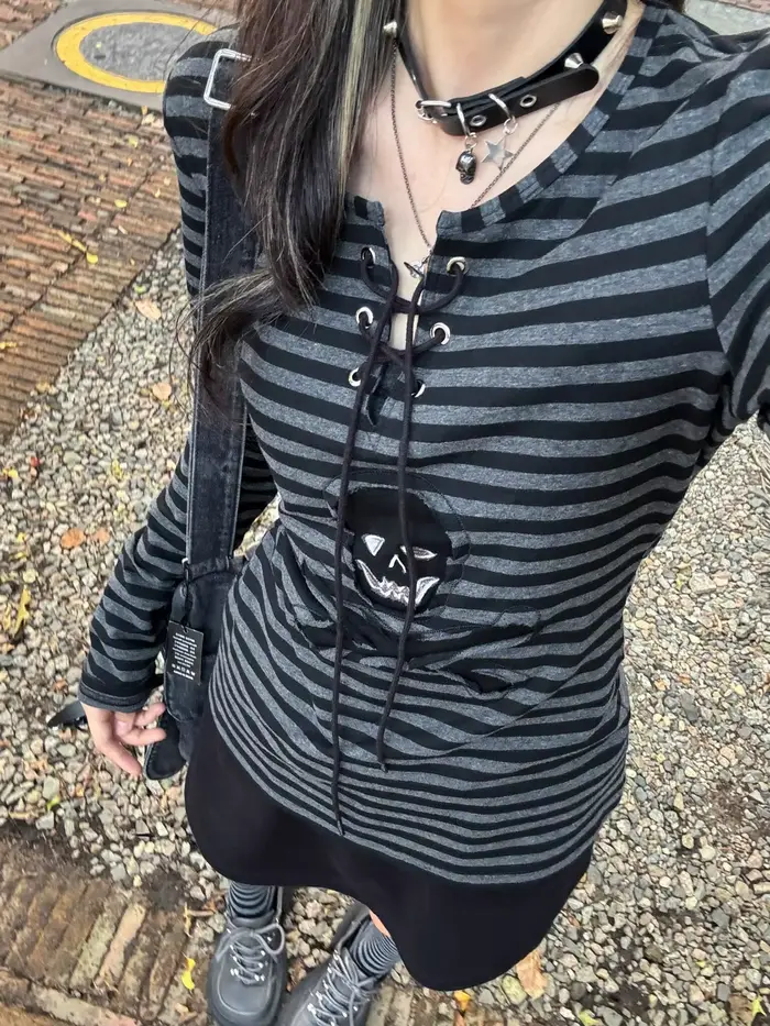 Tonngirls gotické retro tričko pre ženy so šnurovaním pruhovaná ležérna košeľa Y2k Vintage grafická potlač vrchné oblečenie Streetwear