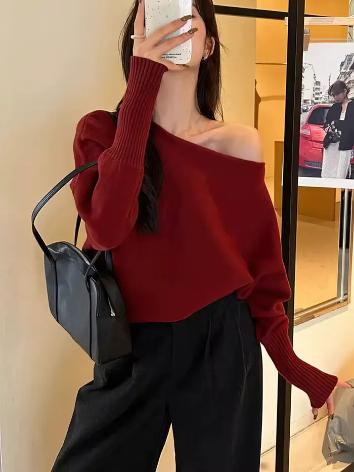 Batwing – Pull tricoté à manches longues pour femme, haut épais à épaules dénudées, mode coréenne, a