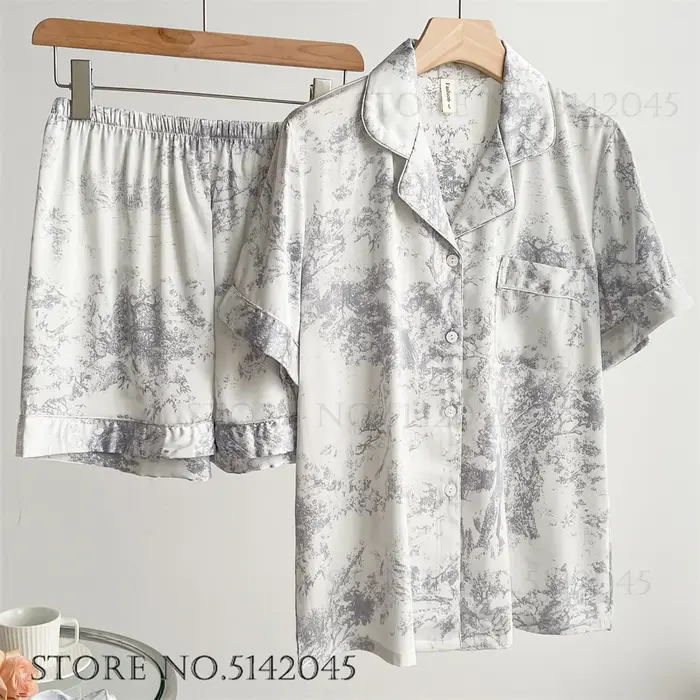 Mode imprimé fleur 2 pièces Pyjamas ensemble femmes vêtements de nuit printemps été pantalon costumes salon porter ample Satin Homewear Pijamas costume