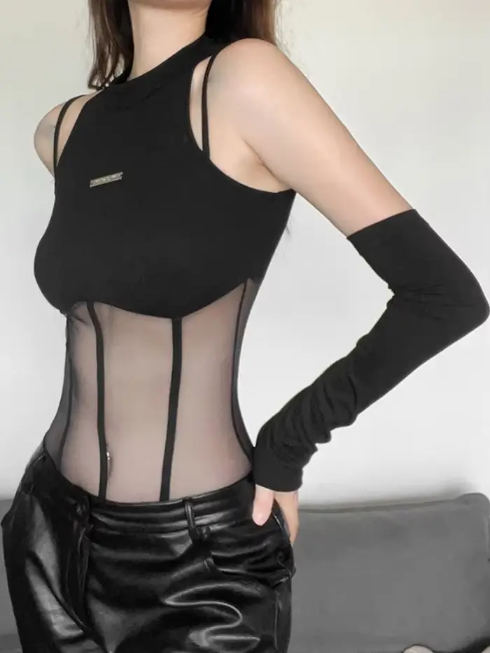Čierne body Lingerie Sexy pre ženy priesvitný vrchný korzet sieťovaný patchwork jednodielny outfit