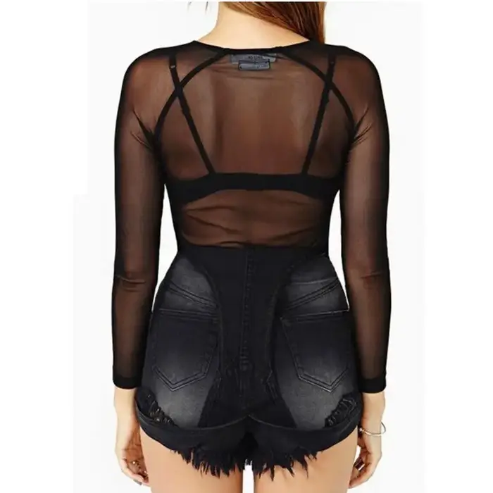 Chaud nouveau 2024 printemps été femmes à manches longues Sexy noir maille haut t-shirts Transparent