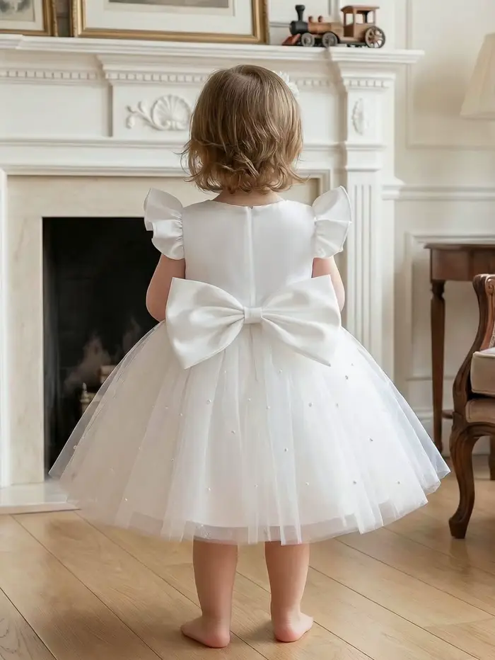 Robe blanche demoiselle d'honneur tulle volants nœud papillon première année fille cérémonie banquet occasions spéciales enfants princesses fantaisie magique