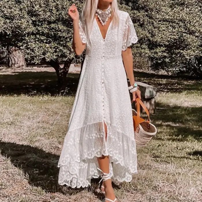 Robe irrégulière en dentelle pour femmes, élégante, Patchwork, mode d'été, blanche, col en v, bouton