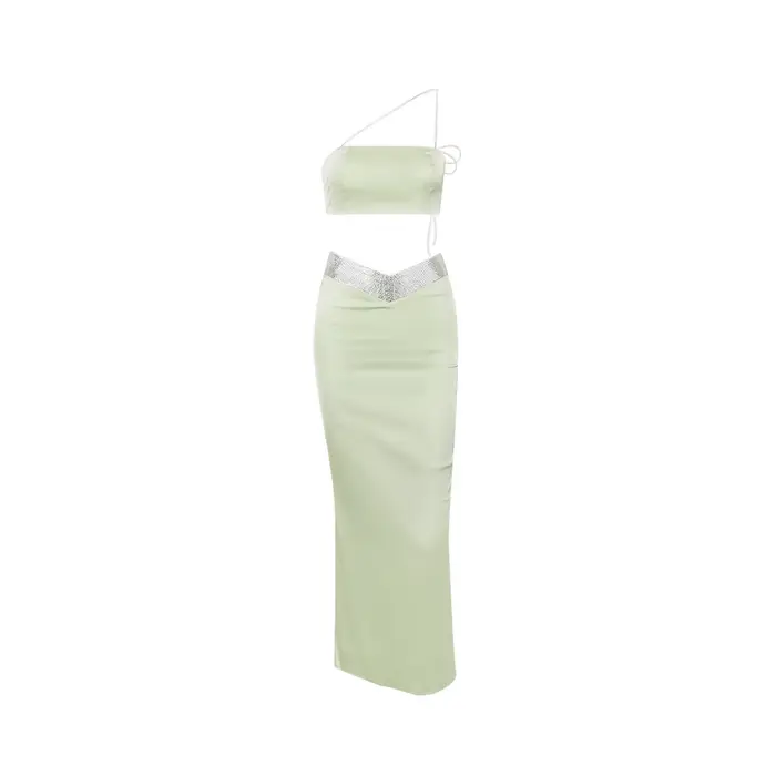 Suninheart-Robe d'invité de mariage avec perles pour femmes, ensemble de 2 pièces, haut court, vert,