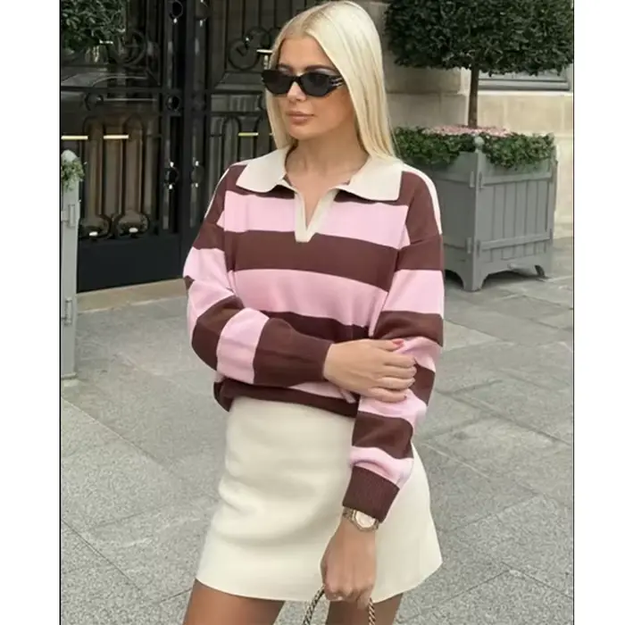 Pull tricoté rayé col polo pour femme, nouvelle collection 2026, mode printemps, coupe ample, élégan