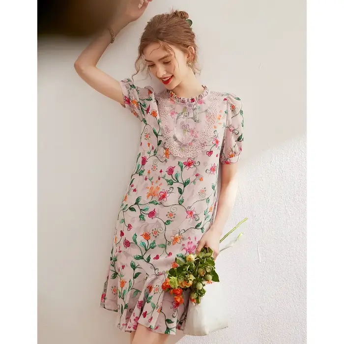 Modiis Yao-Robe florale brodée élégante, dentelle perlée, col rond, manches courtes, robe courte A-L