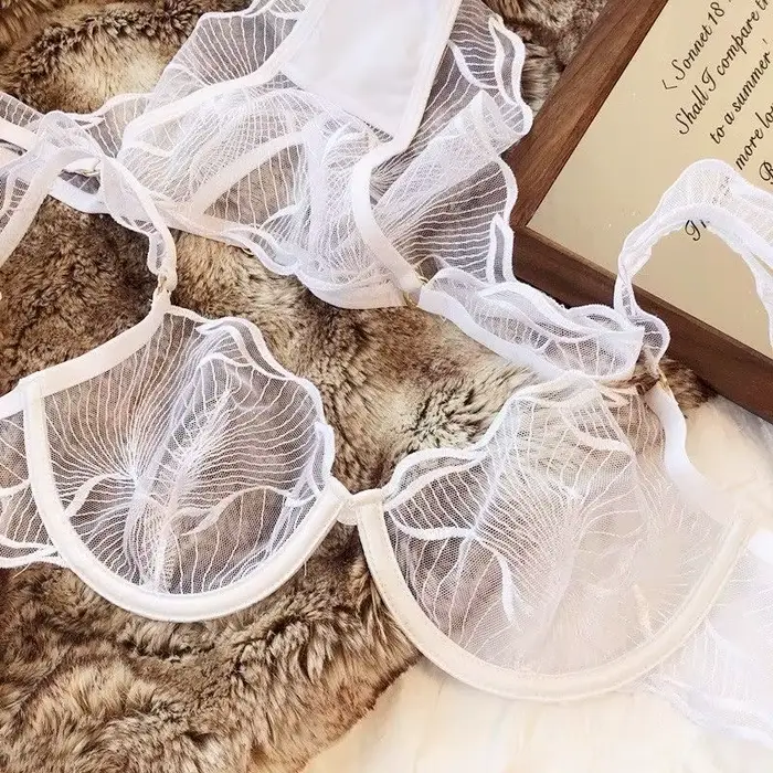 Francúzske kvety vyšívané čipky podprsenka pre ženy, ultra jemné pohodlie, ľahká podpora, veľkosť S-XL, sexy štýl, polyester, elastan, nylon