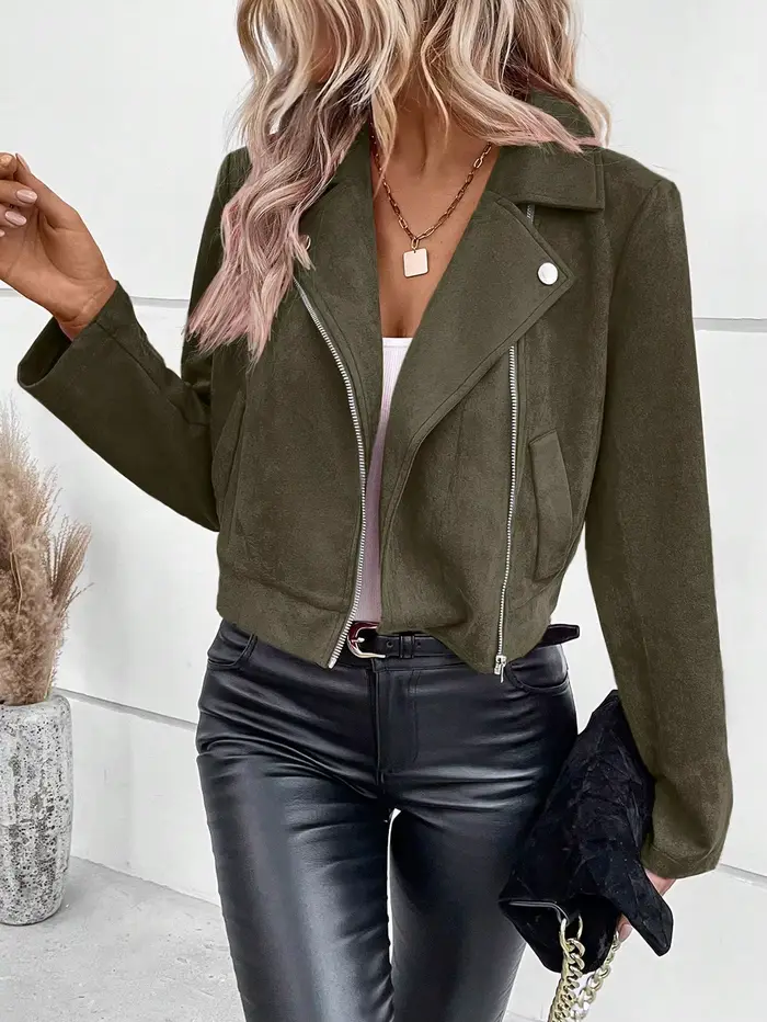 Faux daim femmes Jakcet fermeture éclair mouche revers boutons moto veste en cuir coupe-vent haute r