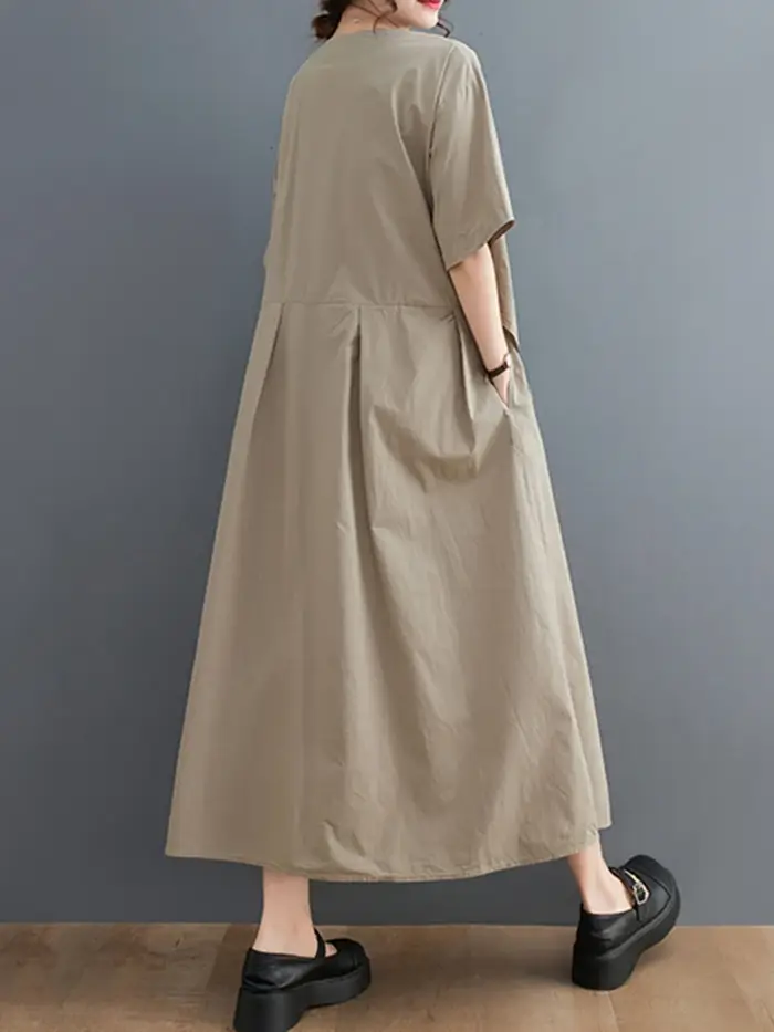 Robe longue décontractée kaki vintage patchwork à manches courtes pour femme, style coréen, nouvelle