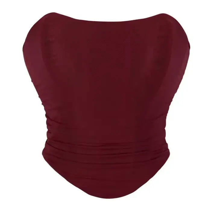 Elegantné červené víno sieťovaný riasený rybí stužka kravata holý chrbát zakrivený lem Bustier Korzet Bodyshaper Klubový top tubulárny