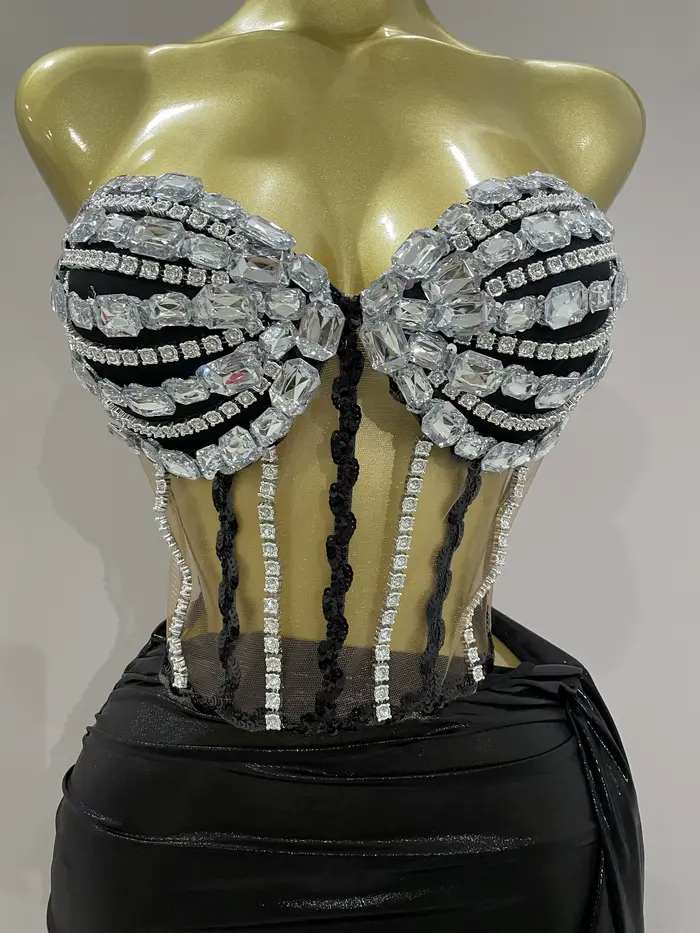 Sexy brillant strass paillettes 2 pièces haut jupe ensemble 2025 femmes célébrité soirée scène disco