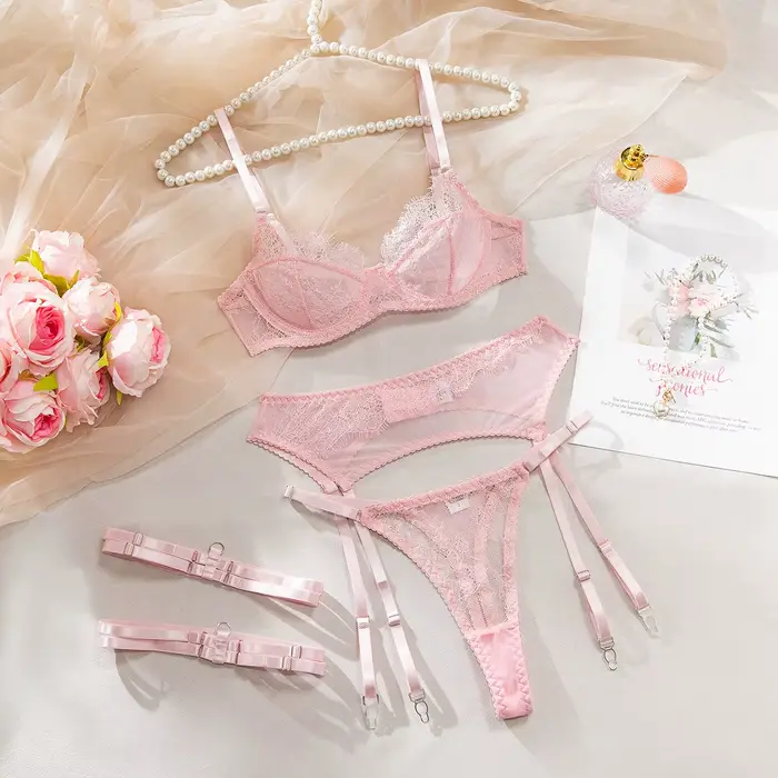 Ensemble de Lingerie Fantaisie Sexy et Élégante 3 Pièces avec Jarretières, Sissy, Couleur Unie, Dent