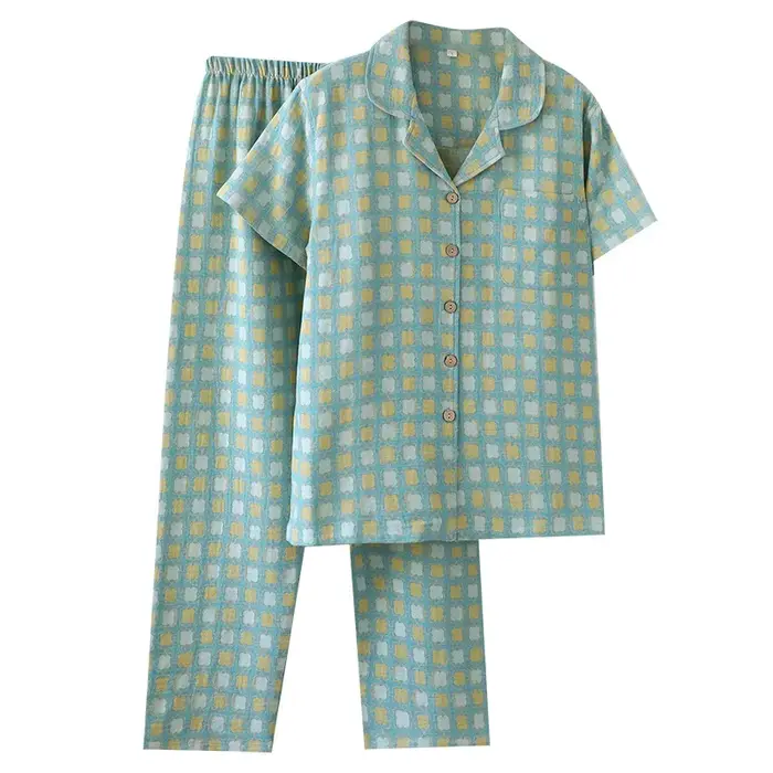 Pyjama en coton basique pour femme, plaid, manches courtes, confort maximal pour les nuits chaudes et détentes printanières