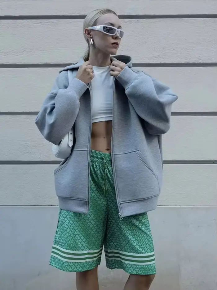 HH automne femmes décontracté veste à capuche ample surdimensionné fermeture éclair sweat à capuche 