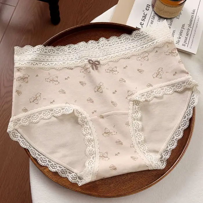 Dámske čipky polovice pása bavlnené nohavičky, kvetinový vzor, medveď a králik, mäkký štýl, na leto