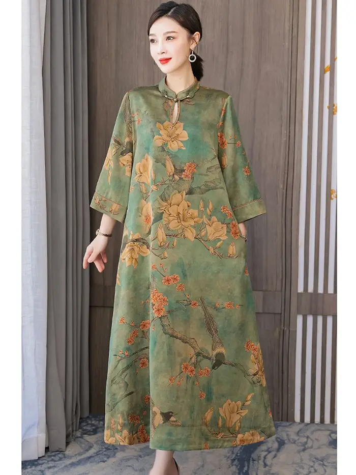 Robe maxi verte à manches longues pour femmes, col montant, vintage coréen, luxe élégant, automne, h