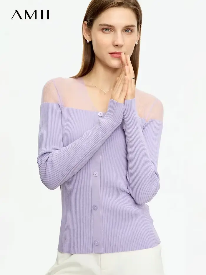 AMII minimalisme pull pour femmes 2025 automne nouveau Patchwork manches longues Perspective col en