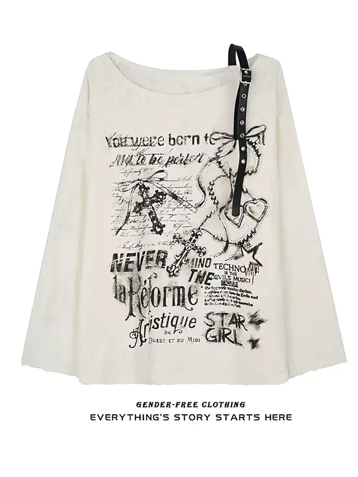 T-shirt vintage Y2K oversize à épaules dénudées avec imprimé, haut déchiré à trous, manches longues,