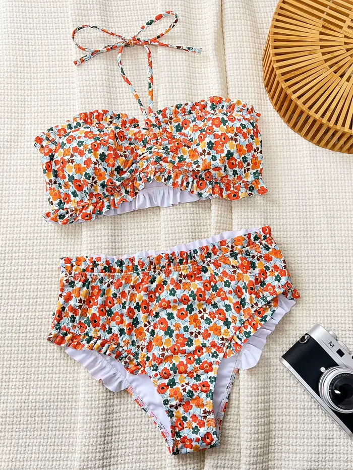 Kvetinová tlač Dvojdielna čelenka Bikini Set Nahé ramená Žena Plavky Vysoký pás Skladaný obväz Ženy Plavky