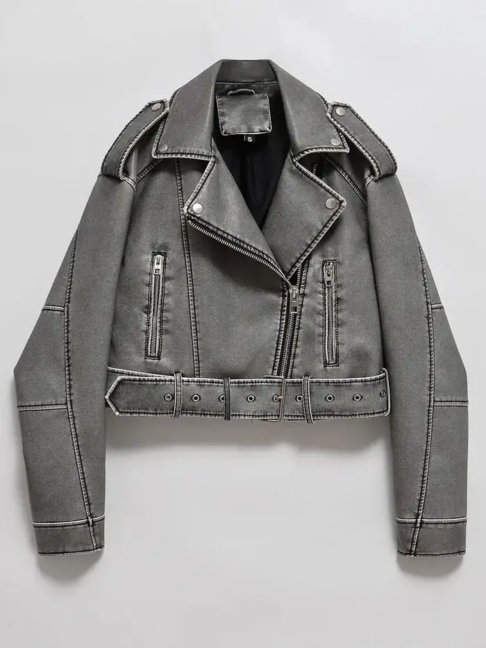 Femmes Vintage ample lavé Faux cuir veste courte Streetwear femme fermeture éclair ceinture Moto Bik