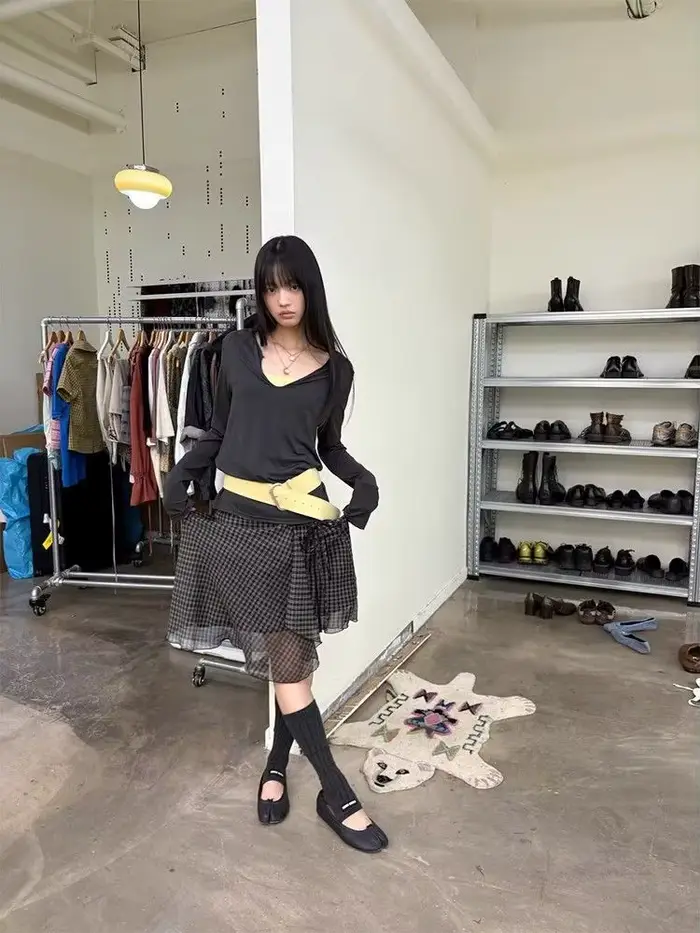 Deeptown Vintage Plaid sieťovaná sukňa pre ženy japonská asymetrická midi