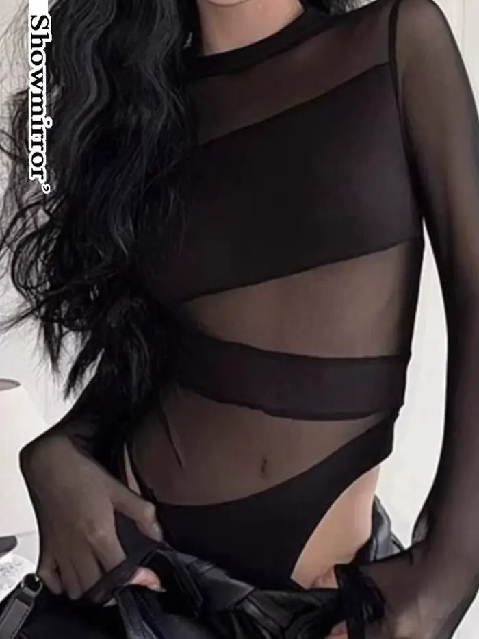 Gothique évider teahwear body mujer femmes coupe croix creux maille body à manches longues charmant body Clubwear sexy