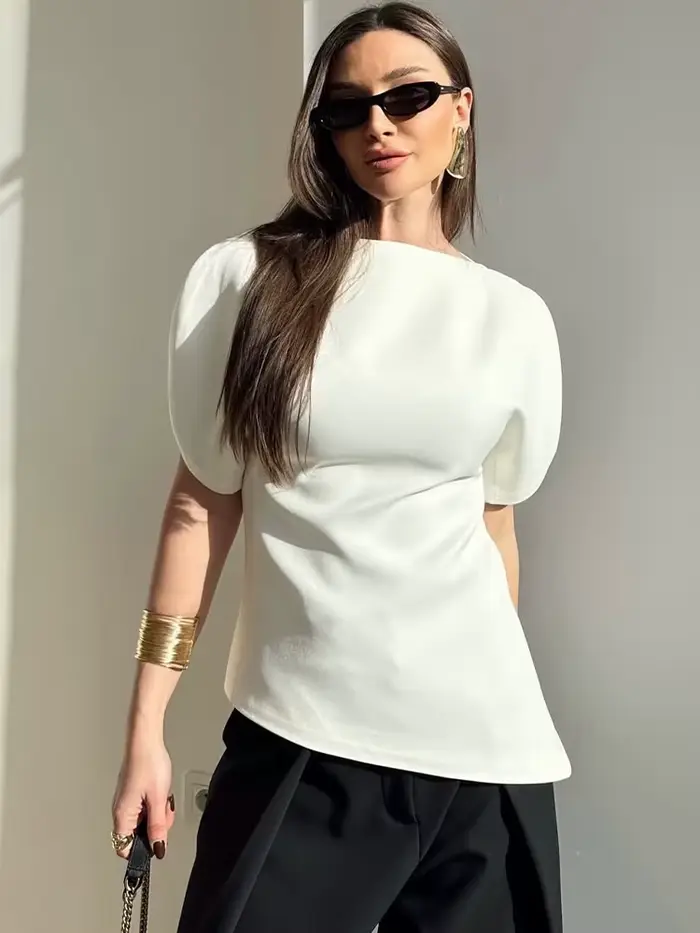 SLTNX Čierne voľné a elegantné tričká s krátkymi nafúknutými rukávmi pre ženy