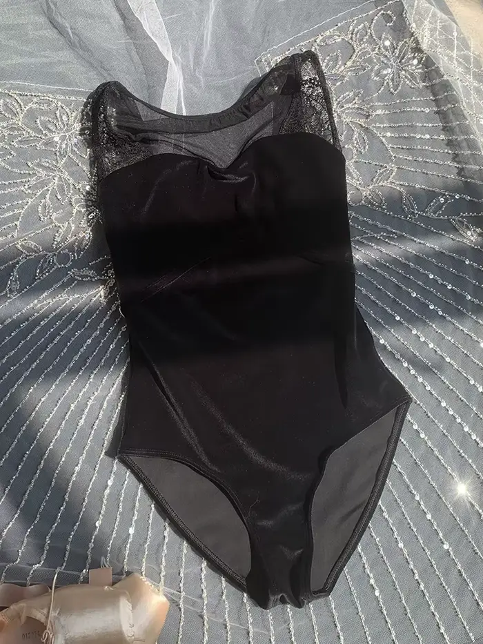 Justaucorps de ballet vintage noir en velours pour femme, tenue de danse douce, costume de gymnastique pour femme