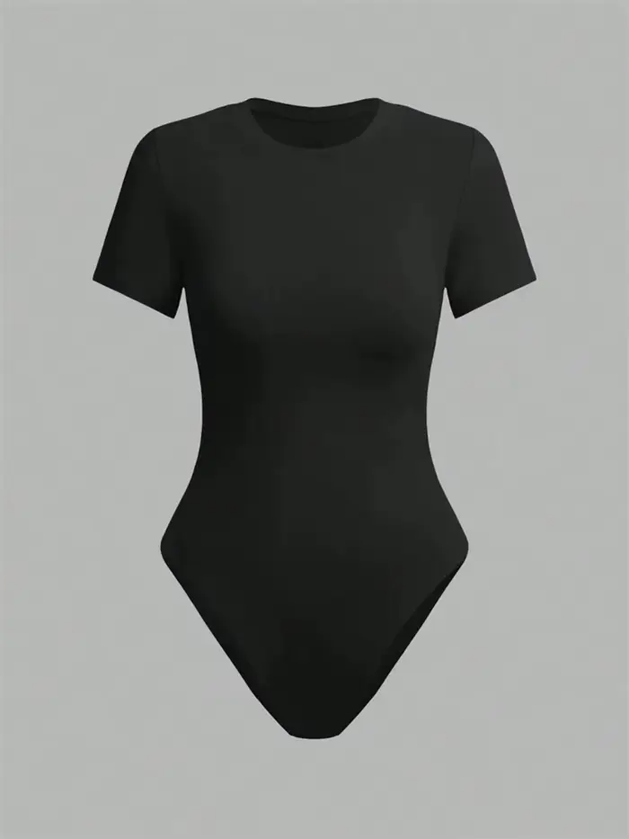 Body basique à manches courtes pour femmes, couleur unie, col rond, moulant, barboteuse, chemisier, 