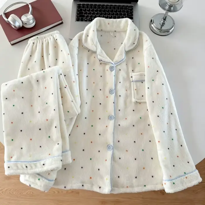 Ensemble de pyjama pour femme avec imprimé de lettres, mignon, chaud pour l'hiver, décontracté, doux