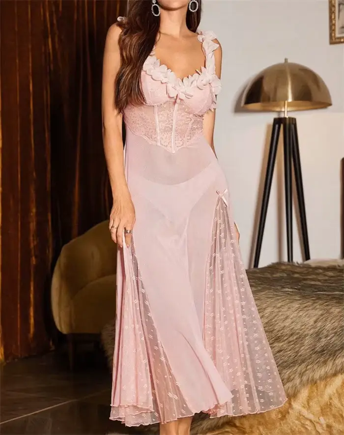 Dámska nočná košeľa s popruhmi, v polka dot oka, s víla luk, dlhý, pyžamový štýl, okvetné lístky, V-neck, bez chrbta, sexy