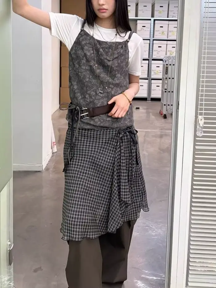 Deeptown Vintage Plaid sieťovaná sukňa pre ženy japonská asymetrická midi