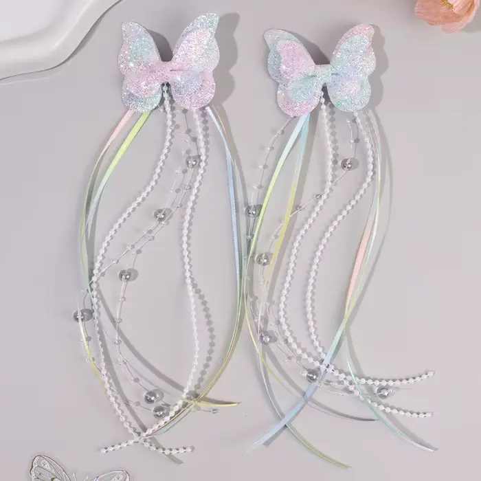 Pince à cheveux à paillettes papillon arc-en-ciel pour enfants, 2 pièces, ruban de perles, pince à c