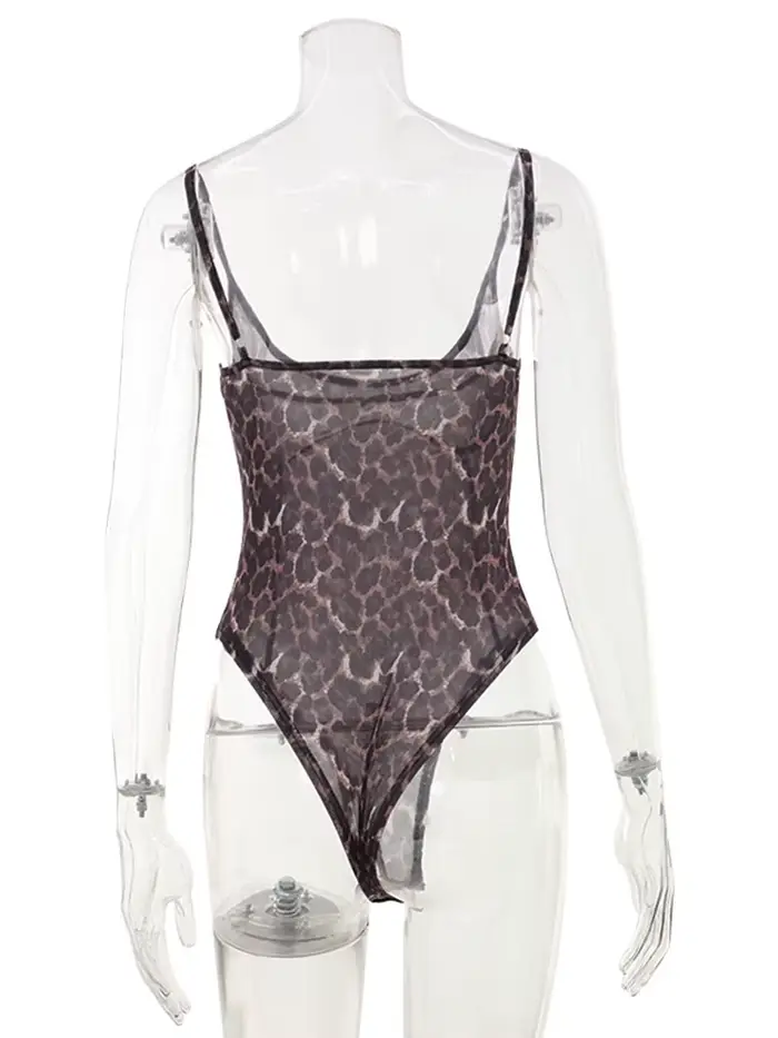 Dámske Leopard Mesh Bodysuit, Sexy Móda, Streetwear, Bez ramienok, Bez rukávov, Slash Golier, Slim, priehľadný, Romper, Ženský plášť