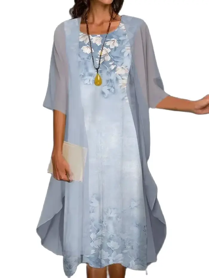 Robe en polyester mousseline décontractée à col rond pour femmes occasions spéciales soirée été