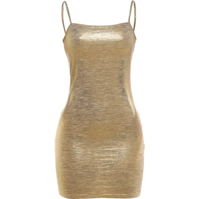 Nibber Minuit Robe Femme Sexy Brillant Or Sling Col Bas Dos Nu Sans Manches Skinny Pêche Hanche Club
