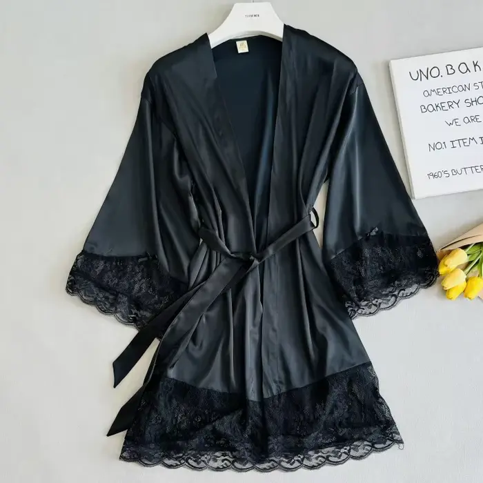 Biele svadobné ranné šaty, lem čipka, župan, Kimono, elegantné nočné oblečenie, v-neck, intímne spodná bielizeň v saténe