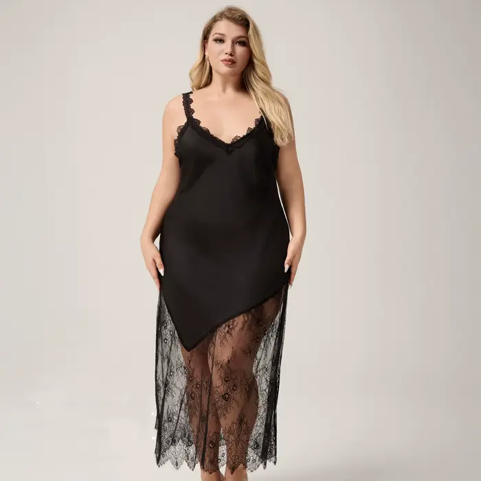 Čierne letné nočné oblečenie Sexy veľká čipka lem nočná košeľa pre ženy dlhá