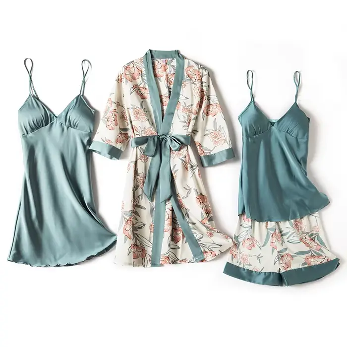 Ensemble pyjama 5 pièces en Satin soyeux pour femmes, imprimé floral, chemise de nuit, Kimono, décon
